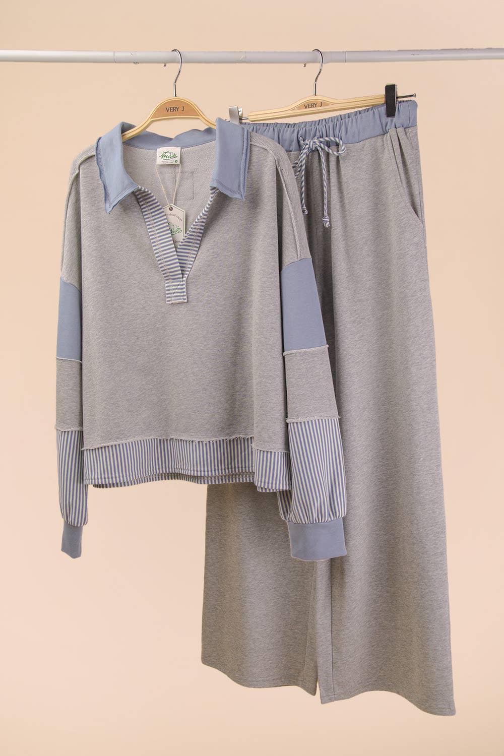 VERY J - Color Block Casual Knit Top & Pants Set