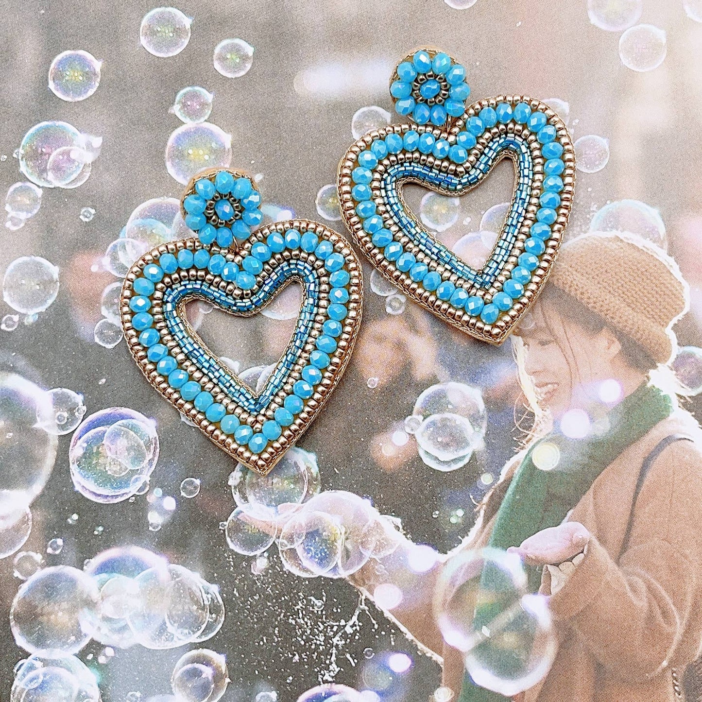 Blue Beaded Heart Earrings