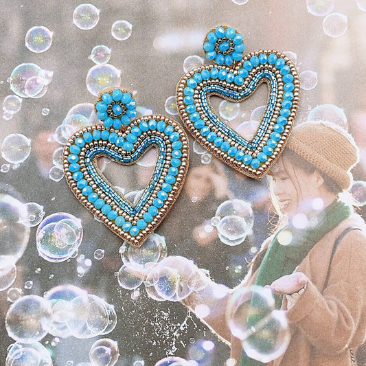 Blue Beaded Heart Earrings