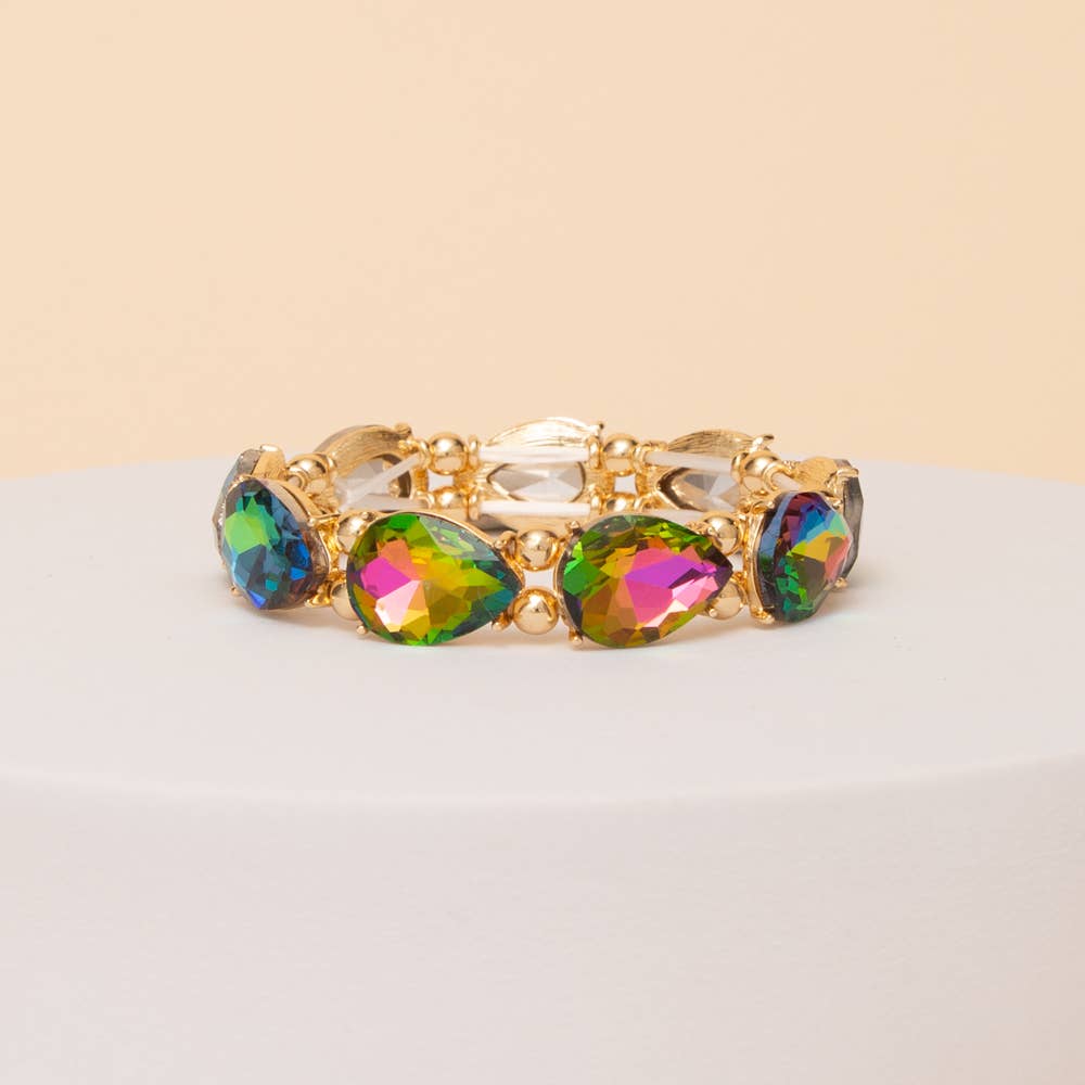 Green/ Pink iridescent Pear Cut Crystal Stretch Bracelet