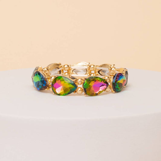Green/ Pink iridescent Pear Cut Crystal Stretch Bracelet
