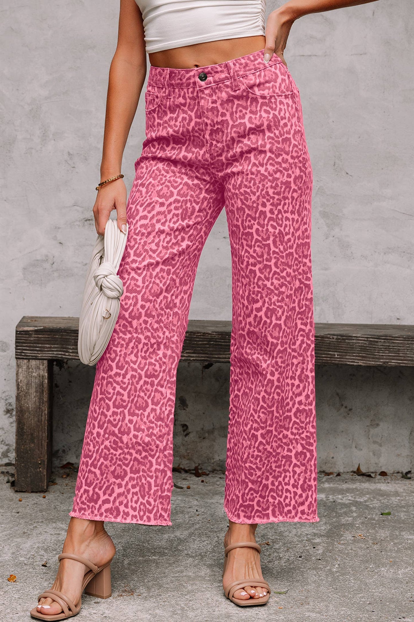 Pink Leopard High Waist Jeans with Frayed Edge -Wide Leg