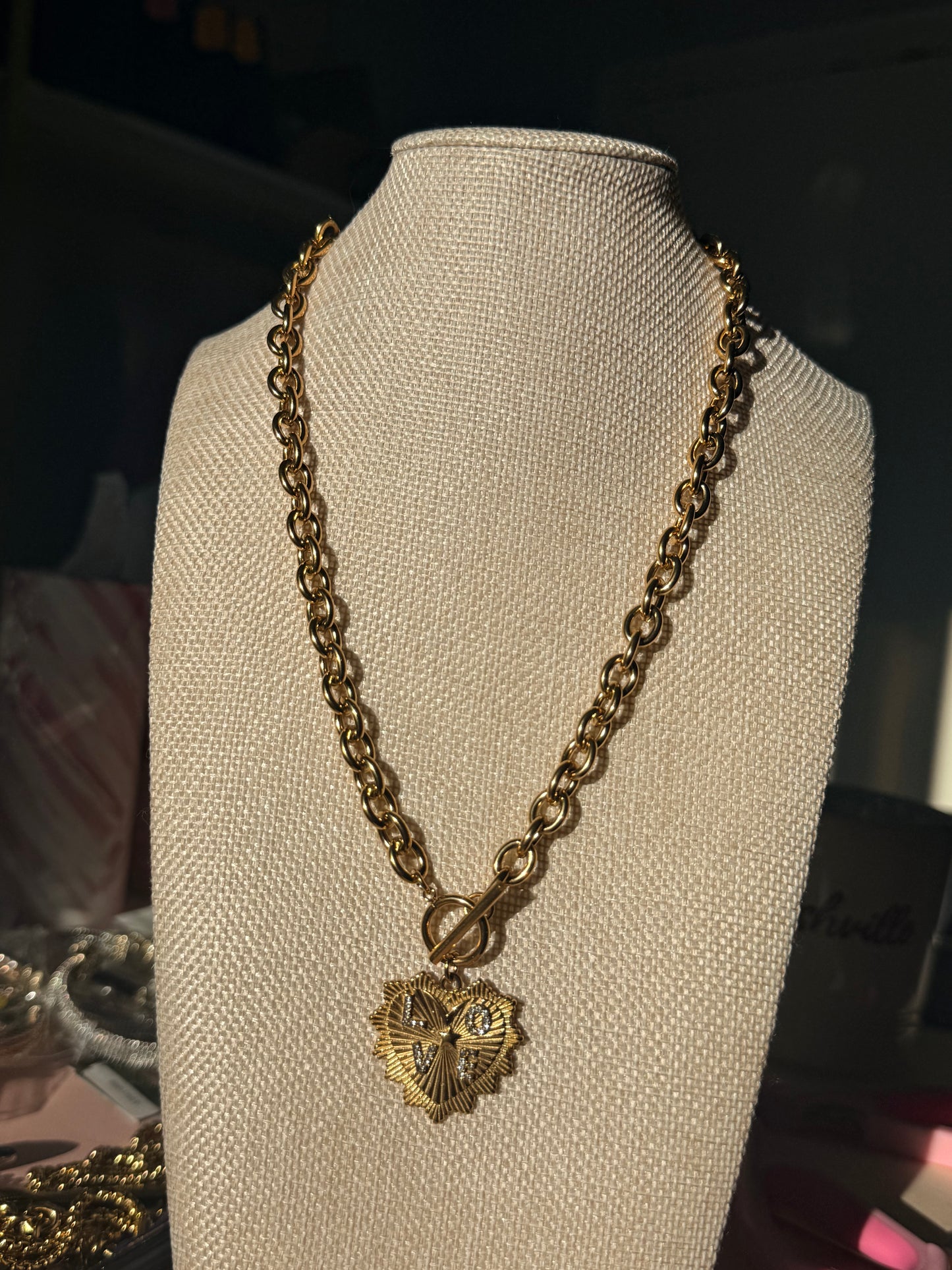 18k Gold Plated Rhinestone LOVE Sacred Heart Necklace