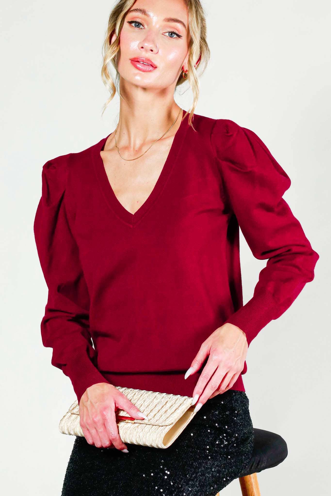 Orange V-Neckline Puff Sleeve Knitted Sweater