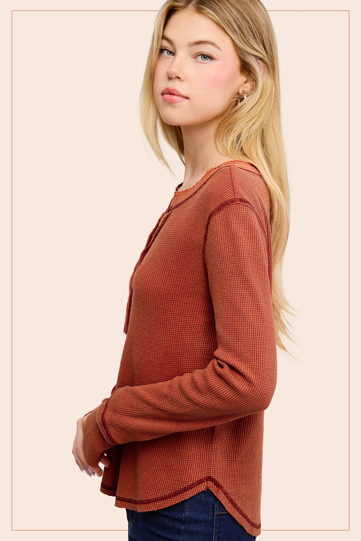 Waffle Long Sleeve Button Front Henley Thermal Top