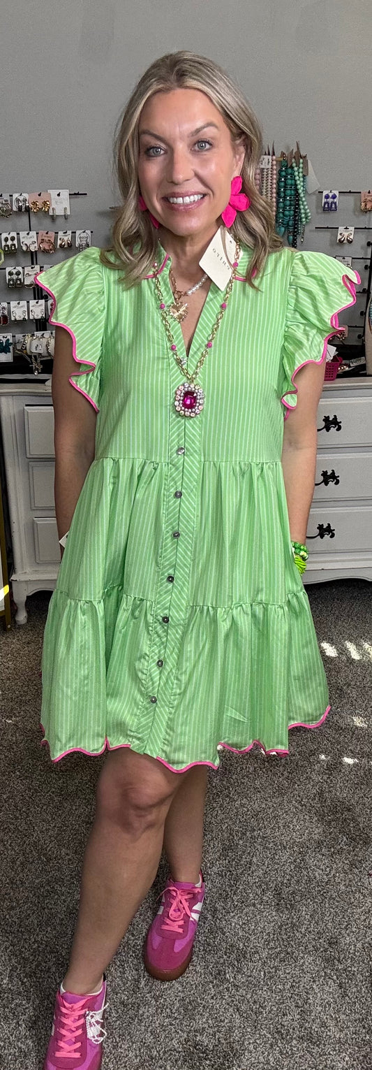 Lime + Hot Pink Trim Tiered Dress