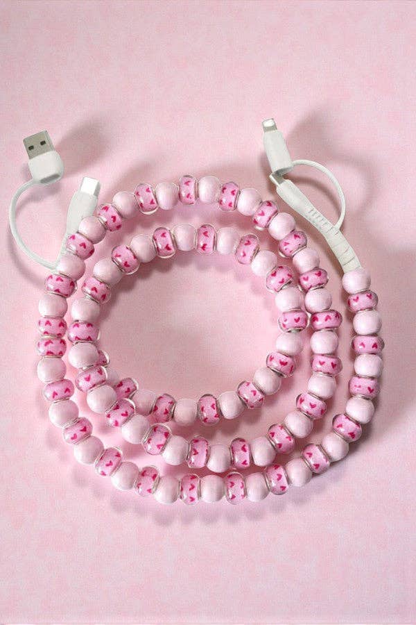 Pink Heart Beaded Charging Cord
