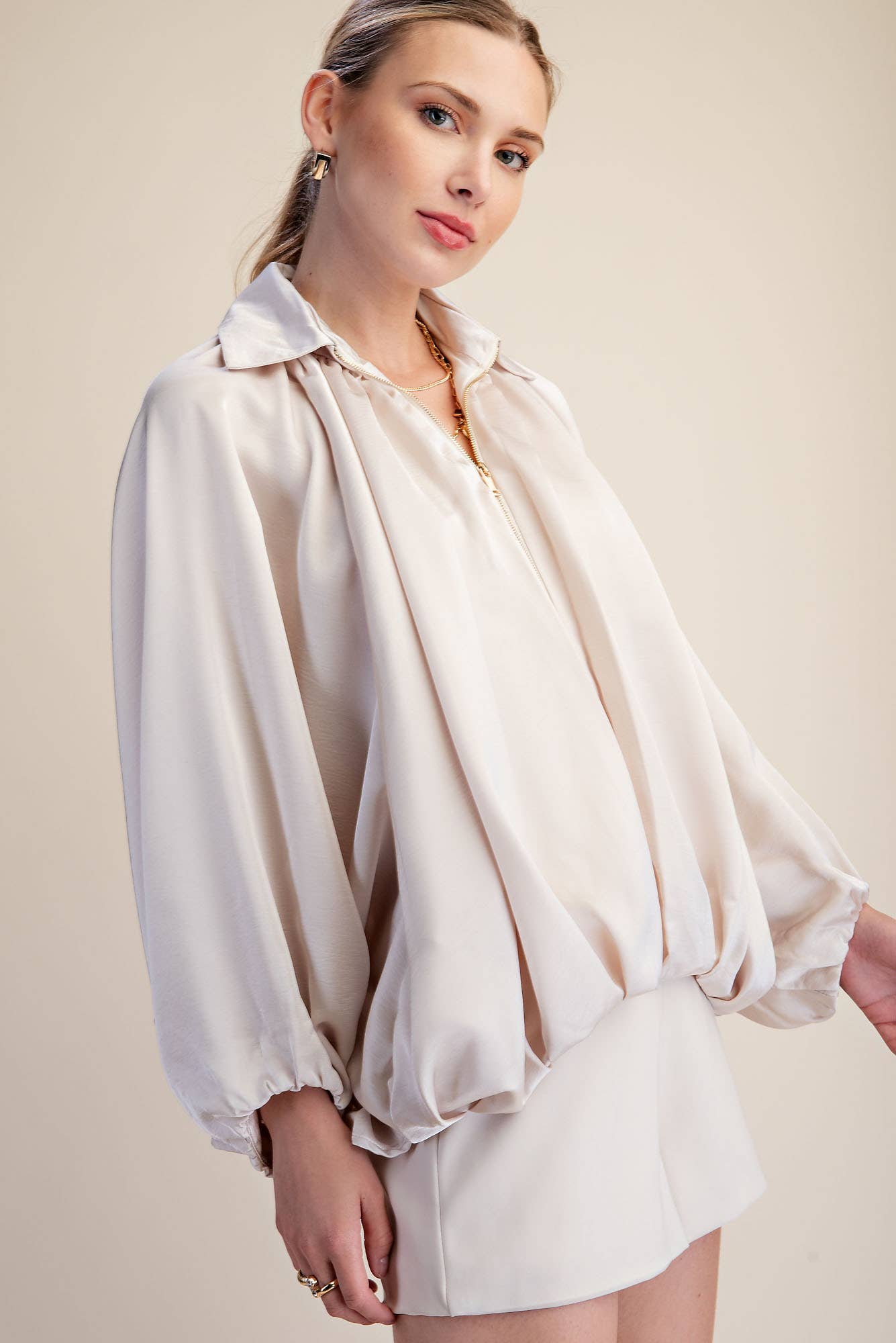 Cream Balloon Zip Up Bomber Jacket