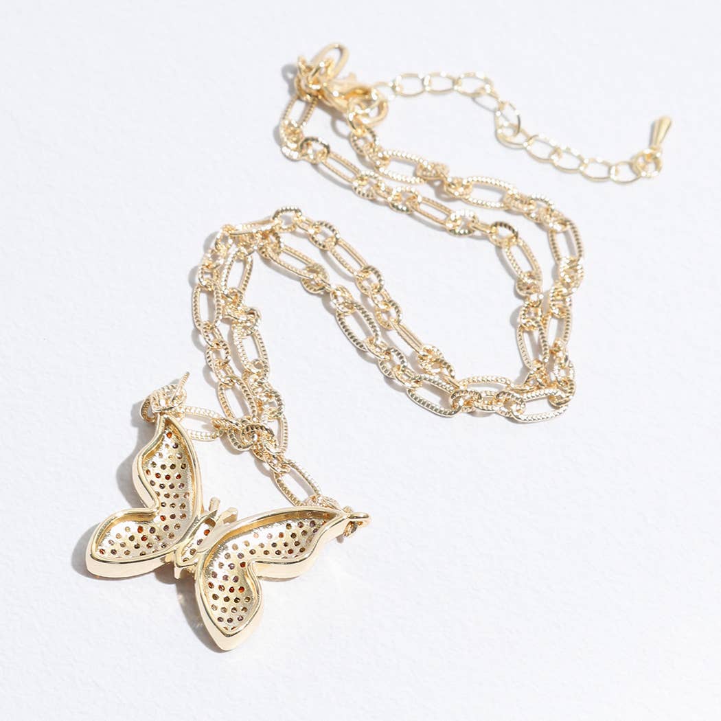 Colorful CZ Butterfly Pendant Linked Necklace