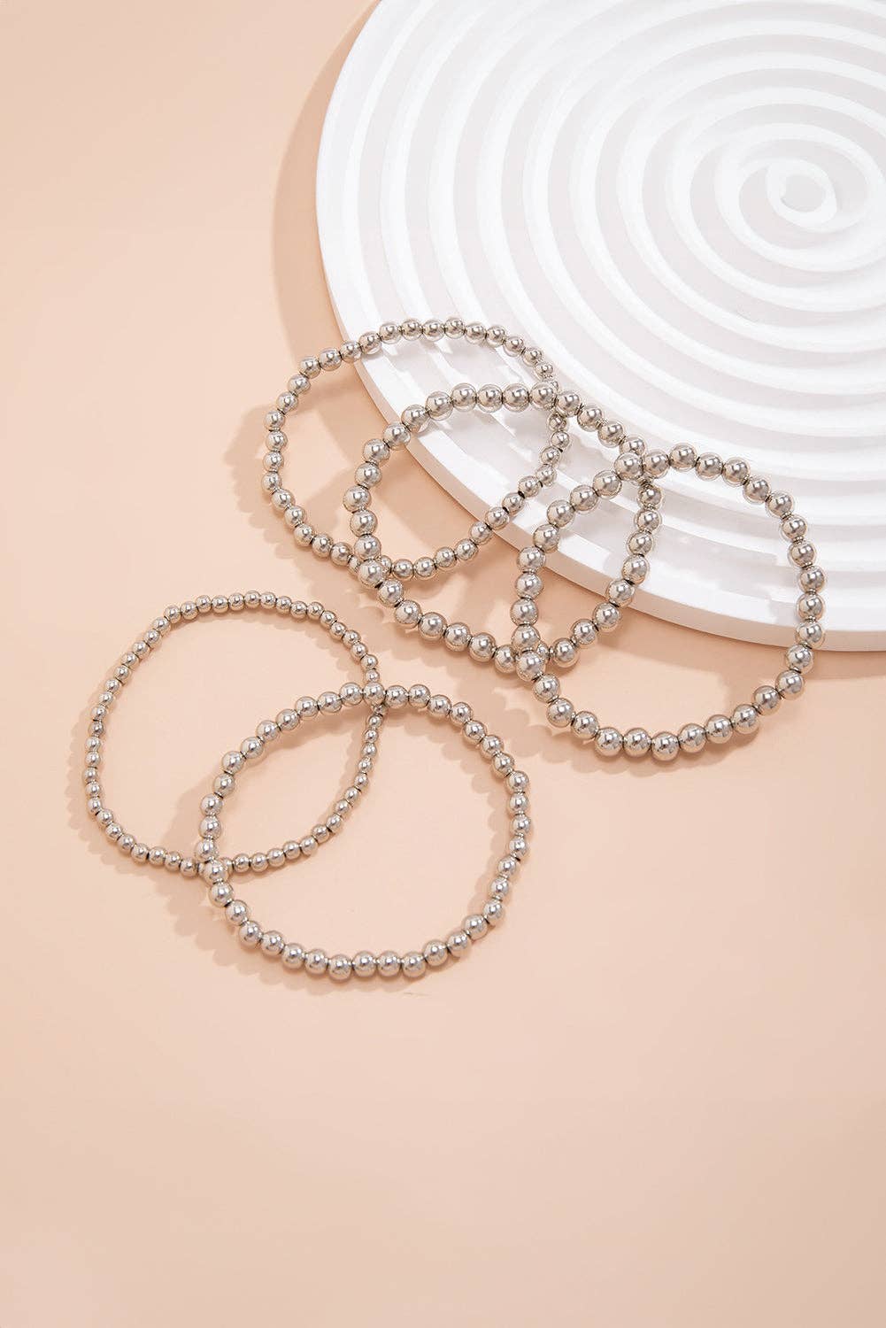 Silver 5 piece Layered Bracelets Set Round Ball Beads Chain