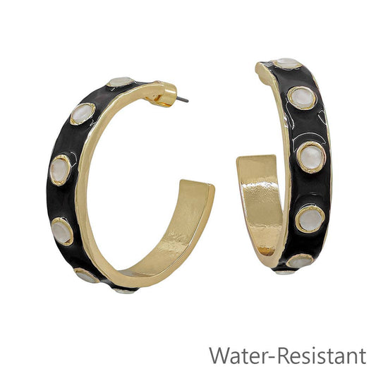Black with Cream Hoop Earrings