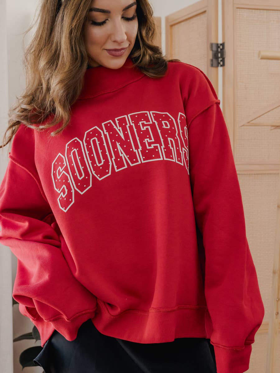 LivyLu - OU Sooners Polka Dot Puff Reversible Mock Neck Sweatshirt
