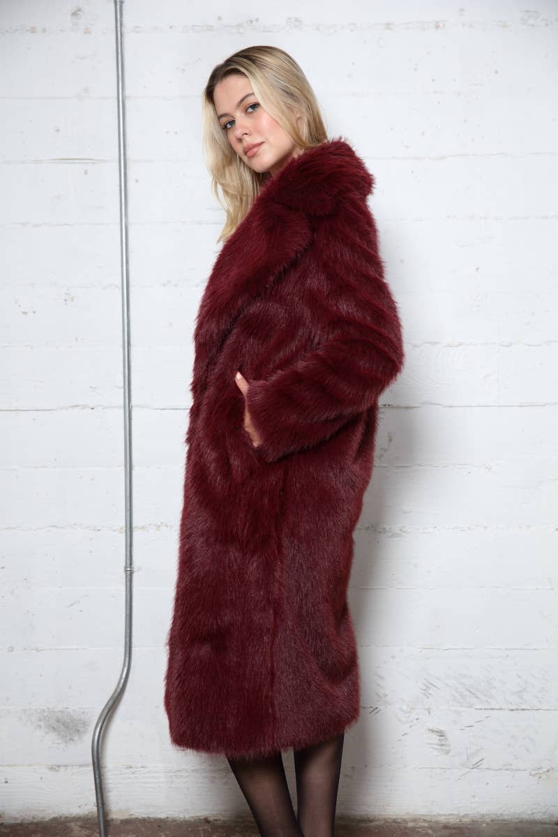 Burgundy Long Hair Faux Fur coat