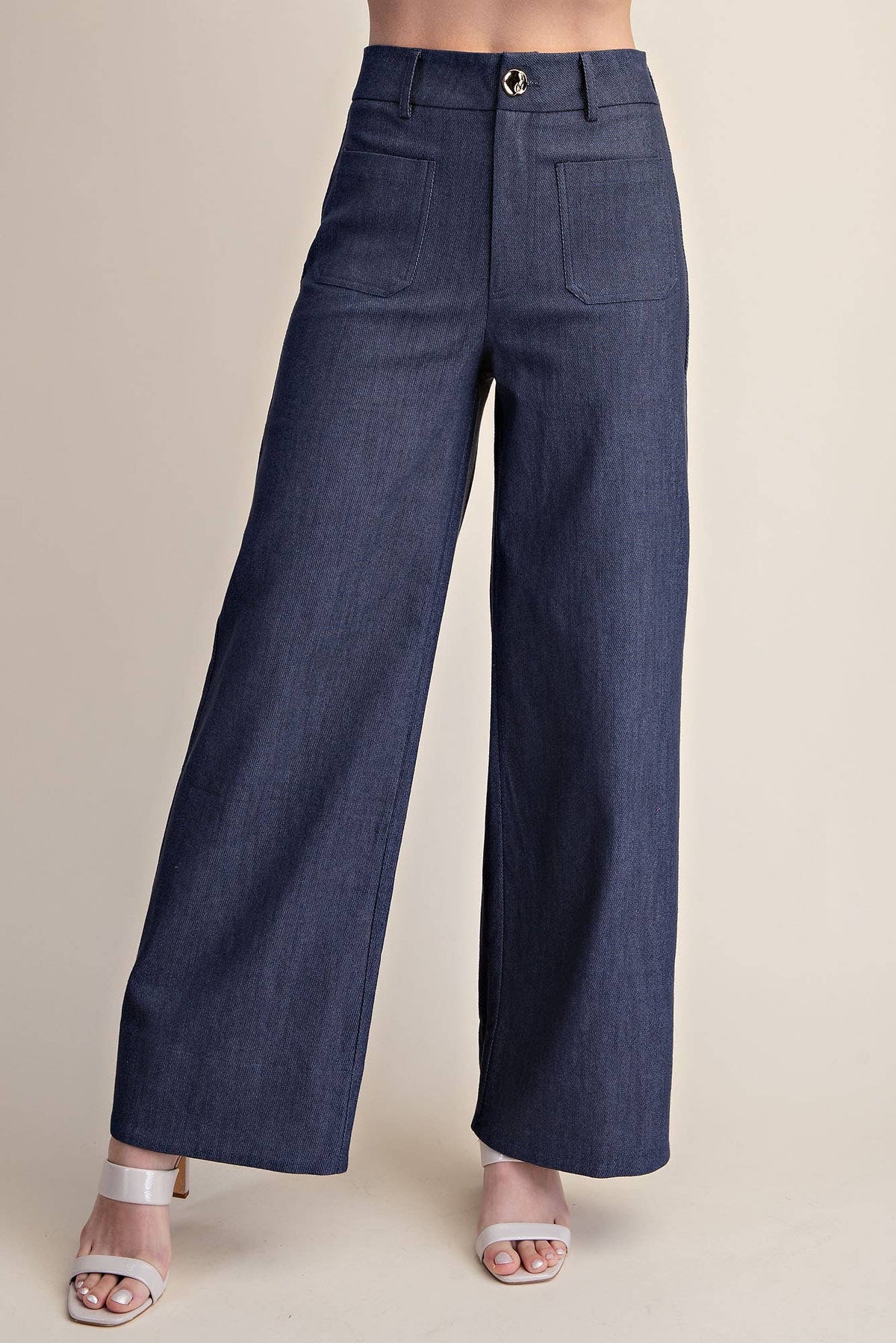 Dark Denim -Stretchy Jeans High Rise Front Pocket Wide Leg