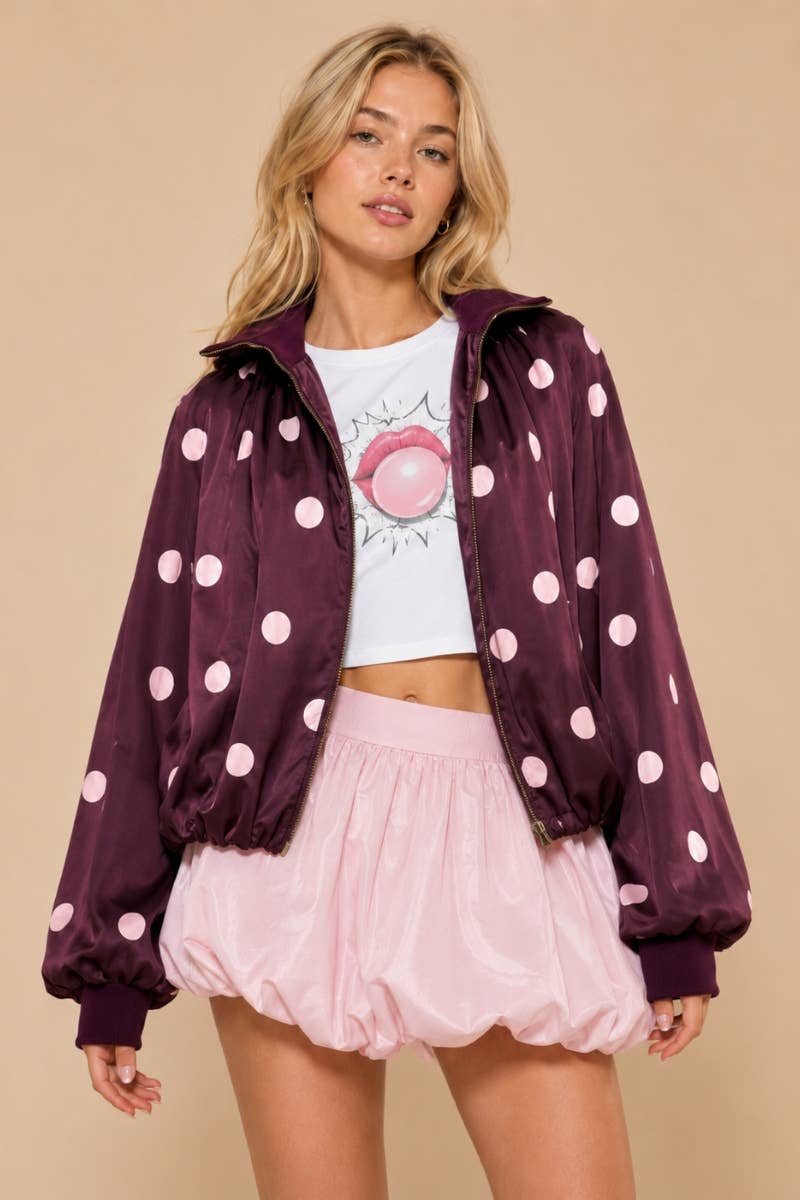 Burgundy & Pink -SATIN POLKADOT BUBBLE JACKET