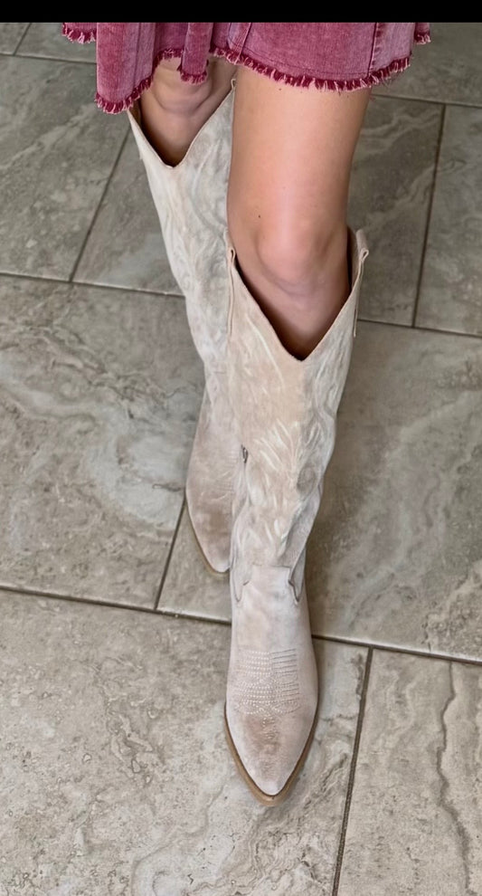 Knee High Beige Western Boots