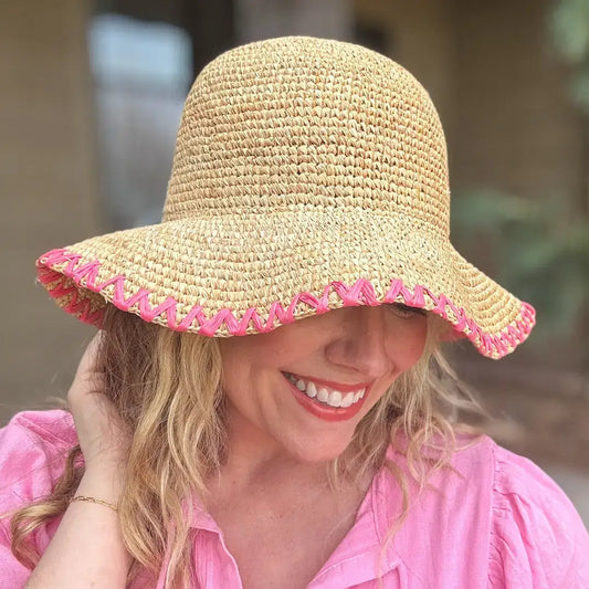 Taylor Elliott Designs Floppy Bucket Hat Pink Zigzag Trim - Eliza