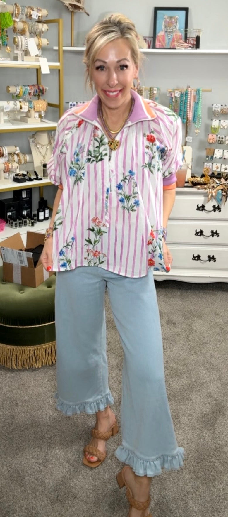 Floral Lavender Stripe Quarter Zip Top