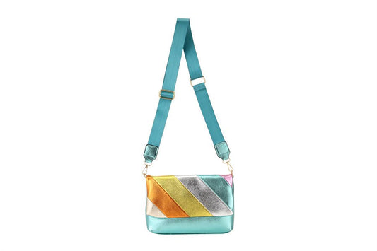 Turquoise Metallic Faux Leather Multi Color Handbag