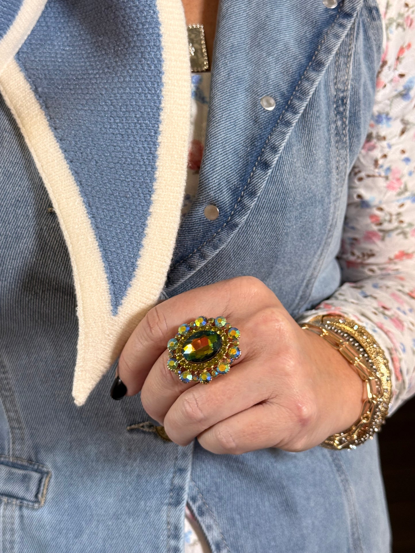 Oval Crystal Sunburst Double Halo Stretch Ring