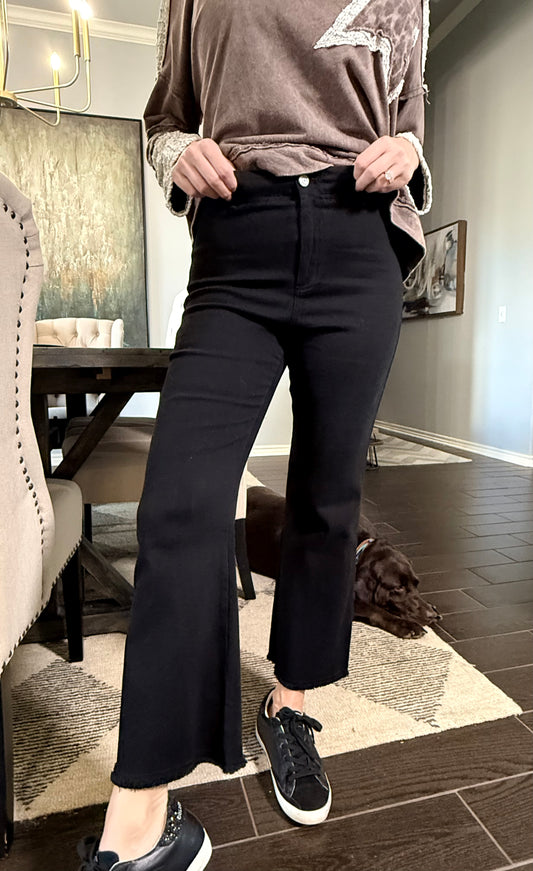 Black Stretchy High Waisted Flare Jeans with Raw Hem