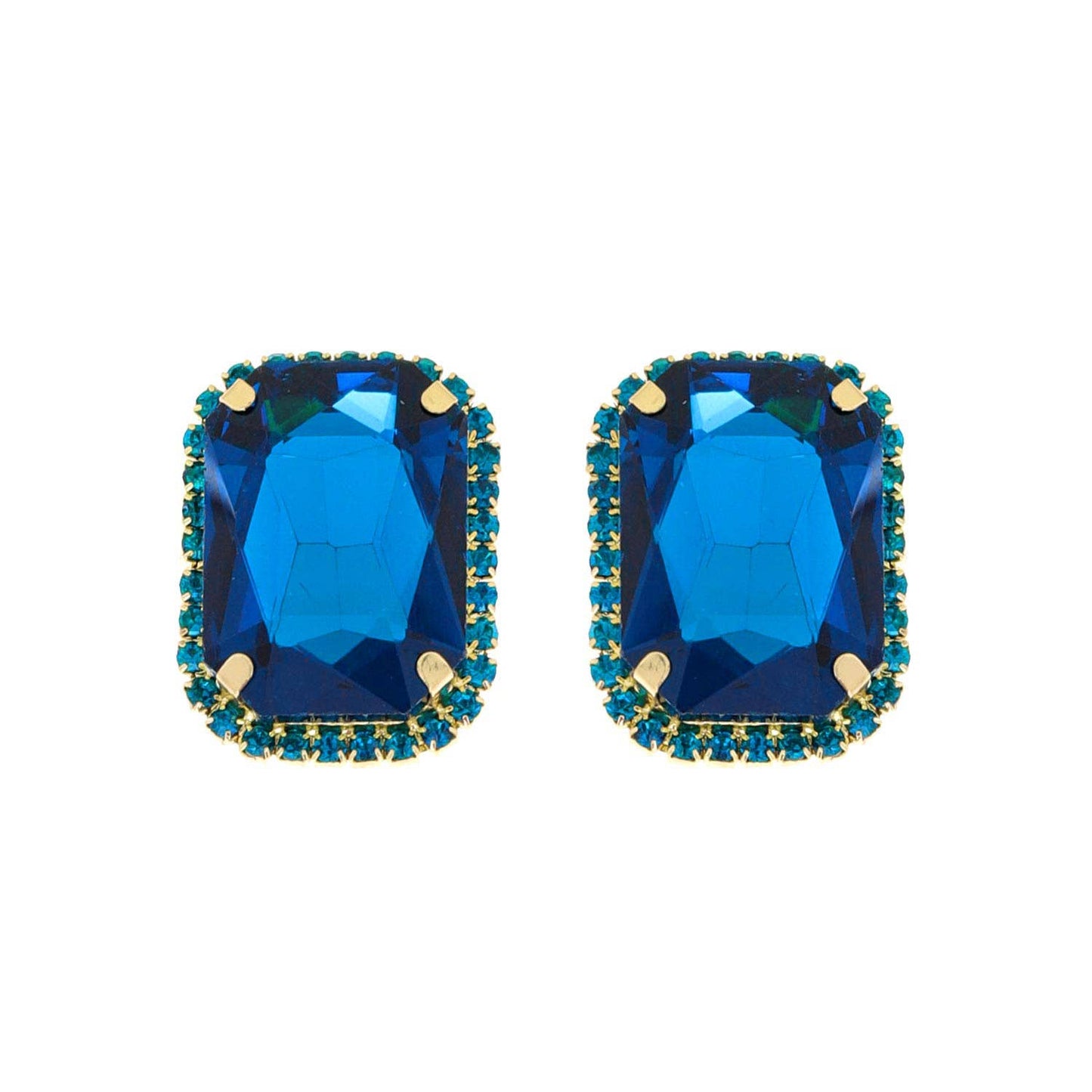 Blue Rhinestone Octagon Cut Crystal w/ Halo Post Earrings