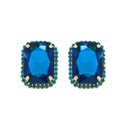 Blue Rhinestone Octagon Cut Crystal w/ Halo Post Earrings