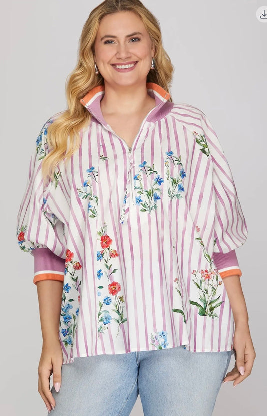 Floral Lavender Stripe Quarter Zip Top