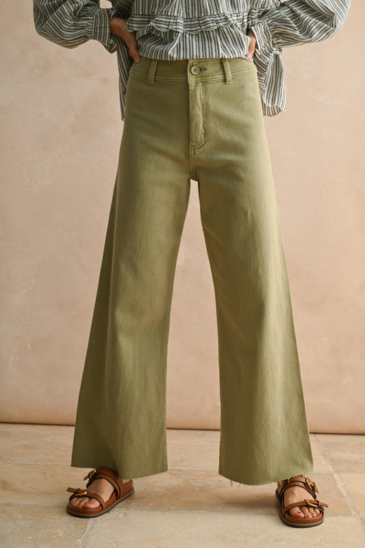 Olive- STRAIGHT WIDE LEG DENIM PANTS