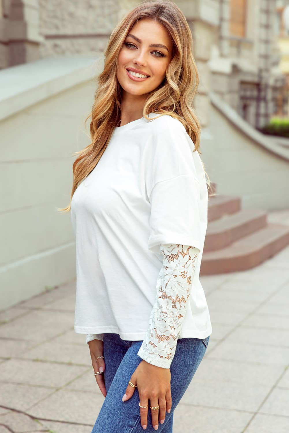 Lace Long Sleeve Insert Drop Shoulder Tee