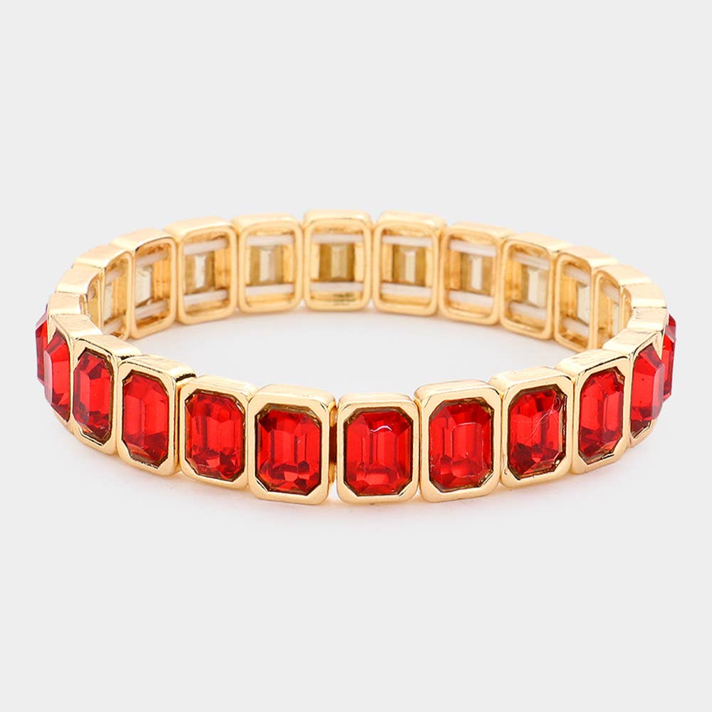 Red Emerald Cut Stone Stretch Bracelet