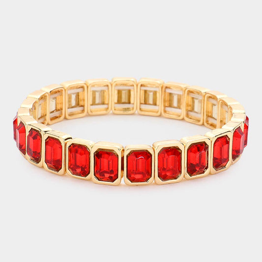 Red Emerald Cut Stone Stretch Bracelet