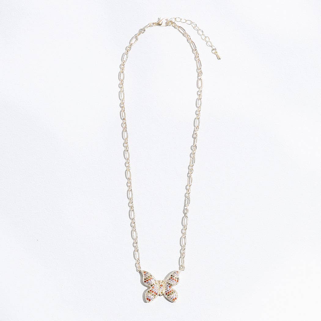 Colorful CZ Butterfly Pendant Linked Necklace