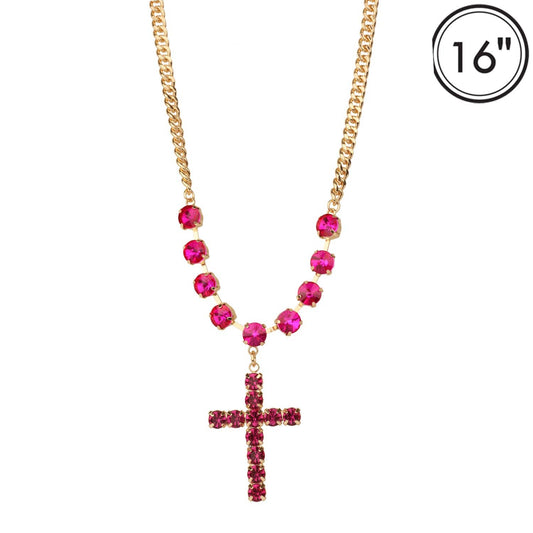 Hot Pink Crystal Necklace w Rhinestone Cross