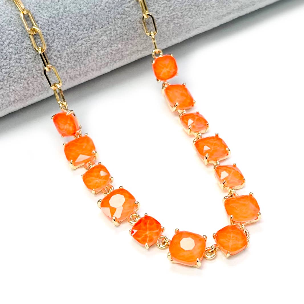 Orange ￼Neon Cushion Cut Glass Linked Chain Necklace
