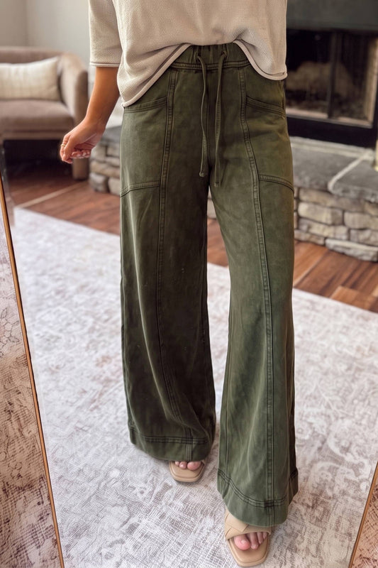 Green Wash Seam Flare Leg Drawstring Pants