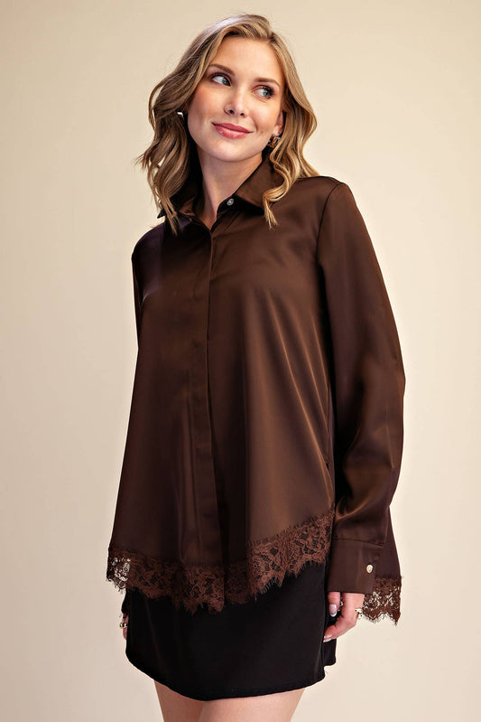 Brown Lace Satin Effect Shirt