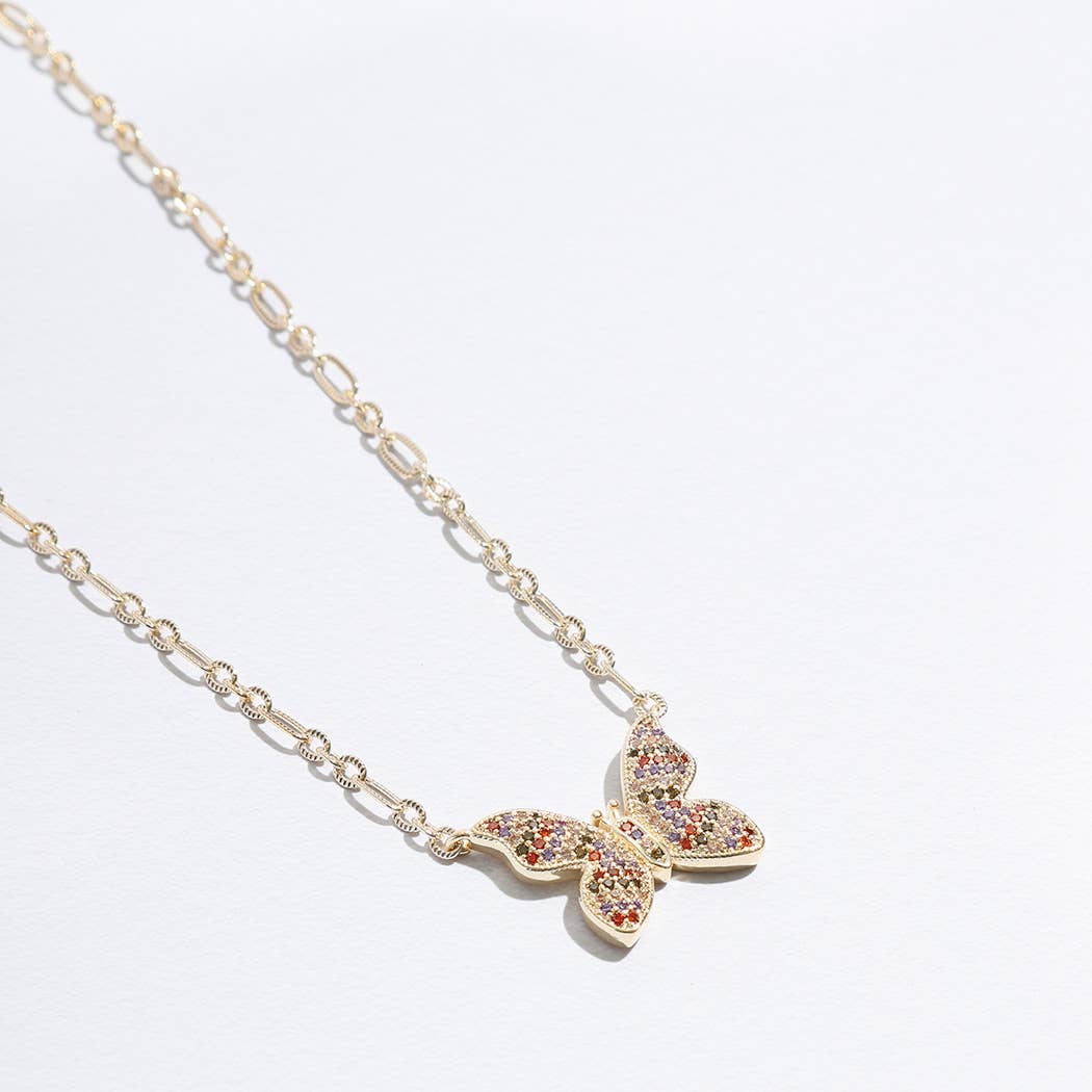 Colorful CZ Butterfly Pendant Linked Necklace