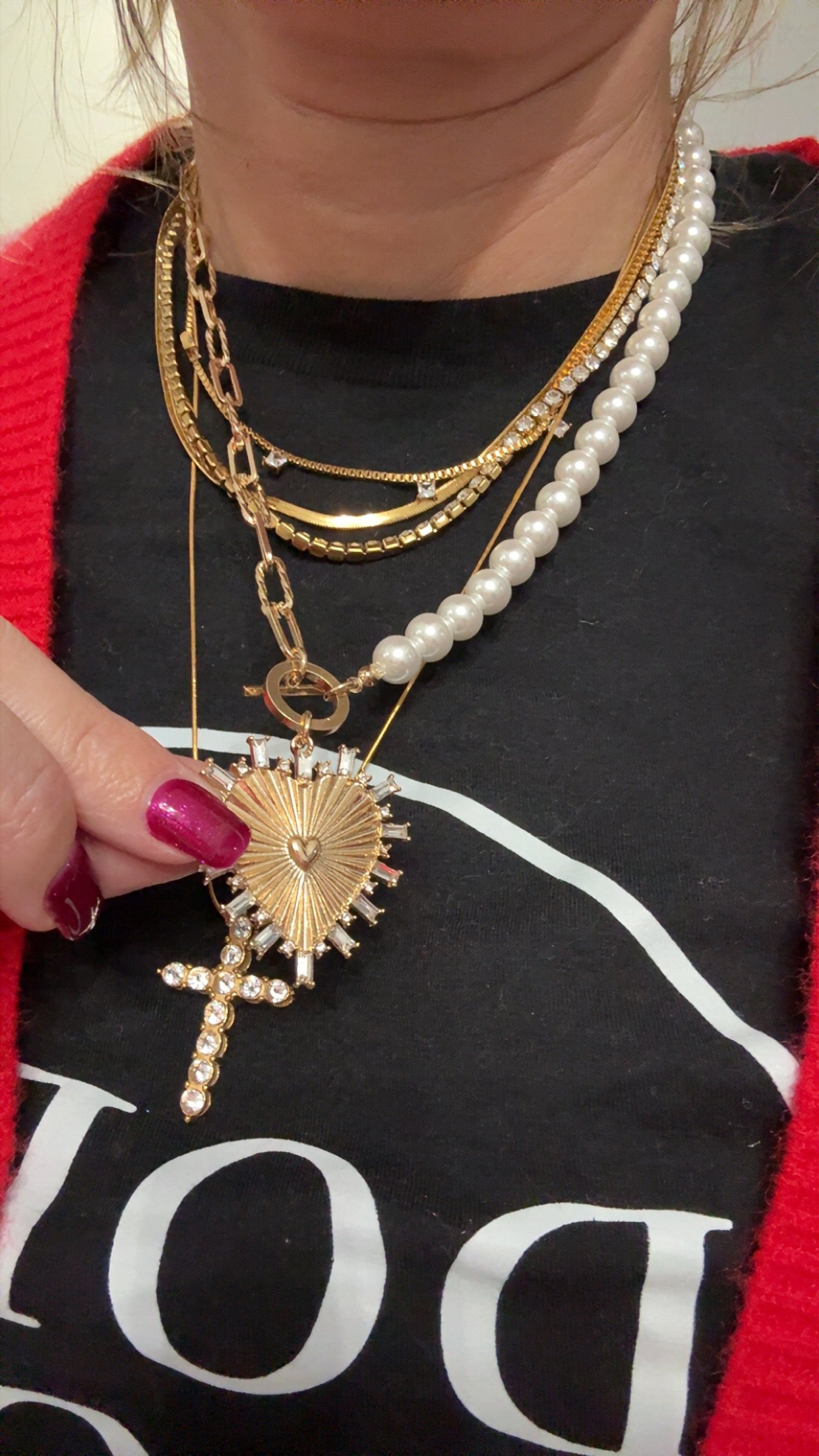 Pearl and Gold chain with Rhinestone Studded Heart Charm Necklace