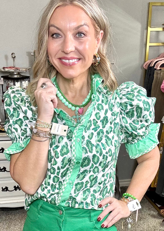 ENTRO Green Leopard Puff Sleeve Top