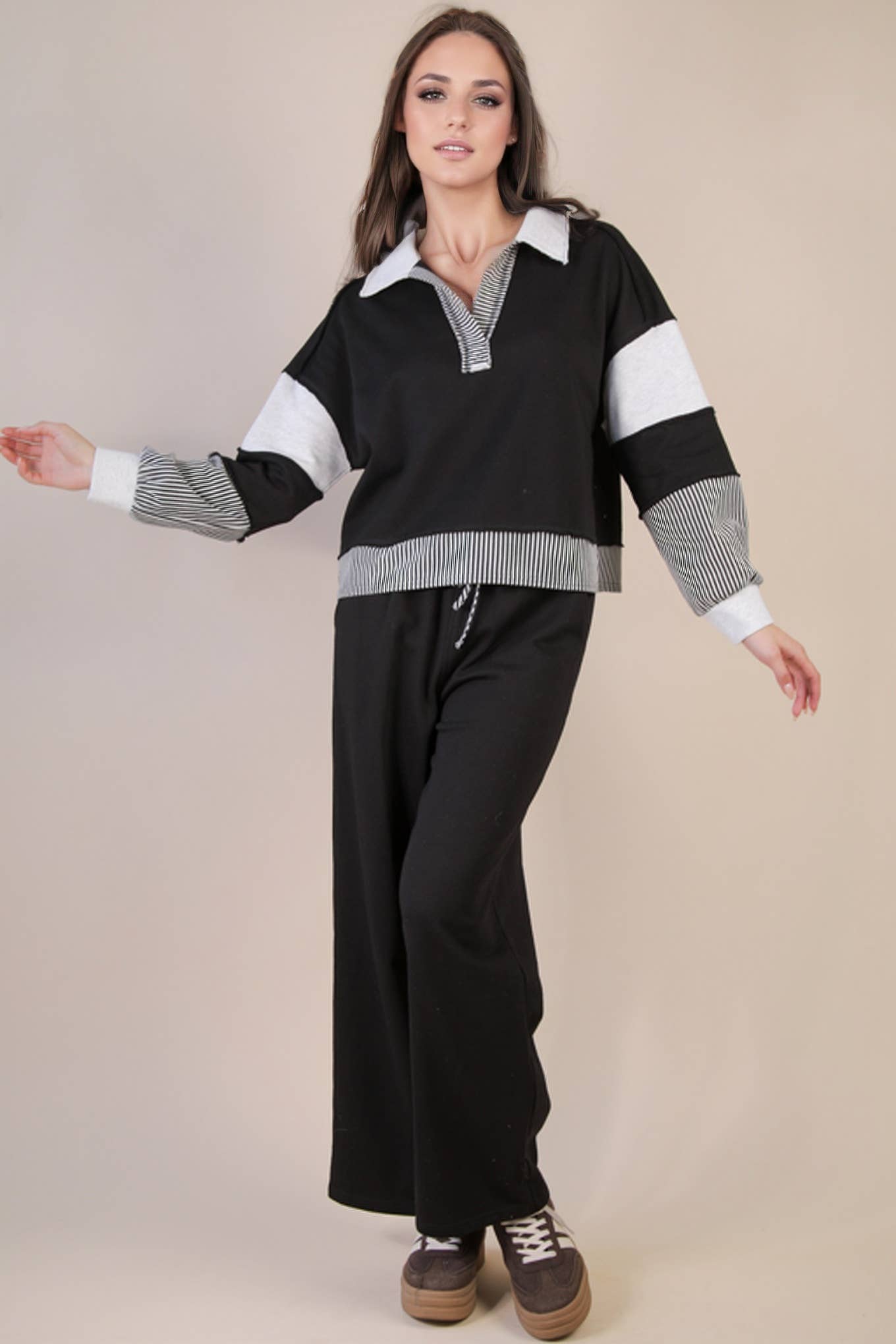 VERY J - Color Block Casual Knit Top & Pants Set