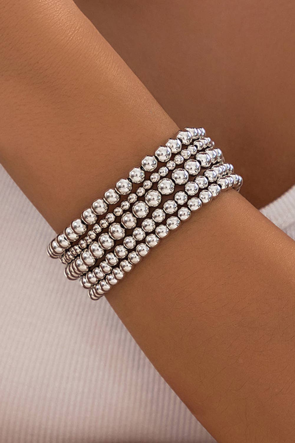 Silver 5 piece Layered Bracelets Set Round Ball Beads Chain