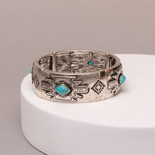 Western Stretch Bracelet With Aztec Turquoise Stone