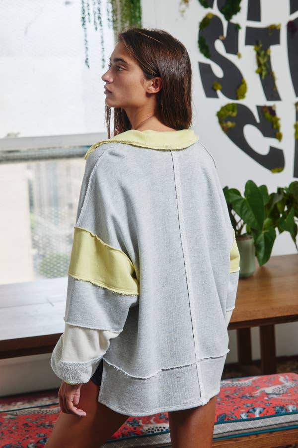 French Terry Color-block Collared Loose Fit Top