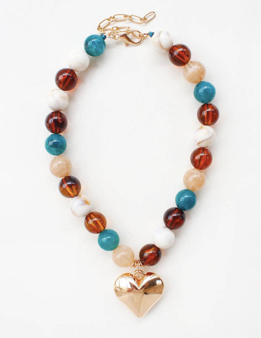 Teal & Brown Beaded Necklace w/ Gold Heart