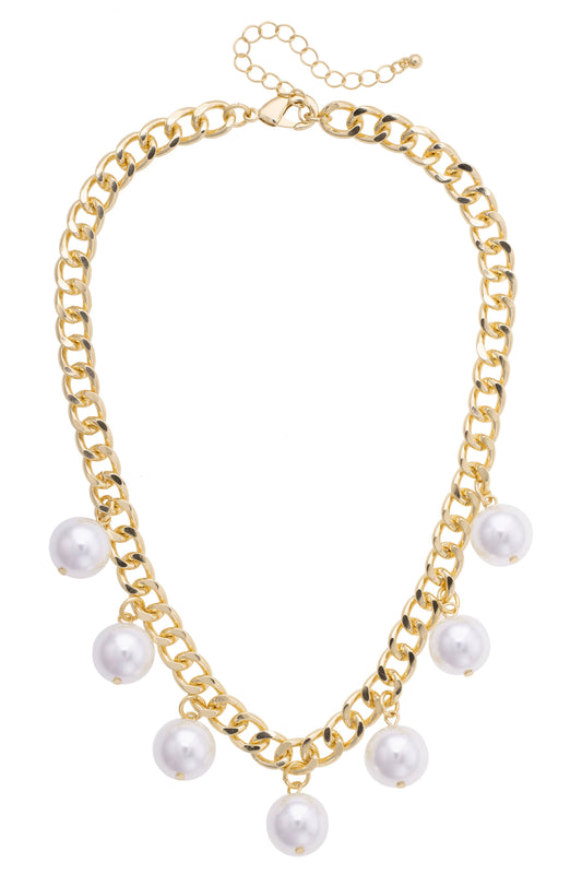 Pearl Charms Statement Chain Necklace in Shiny Gold