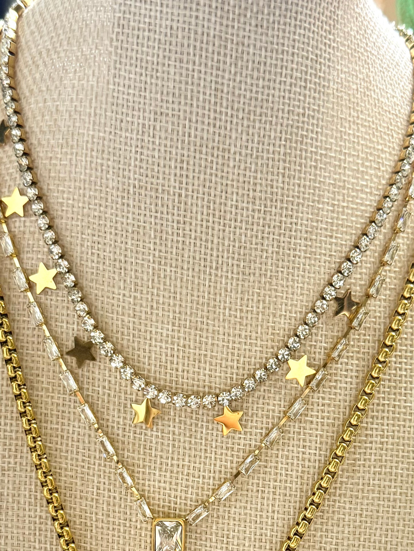 18k Gold plated Rhinestone necklace with Star Charms