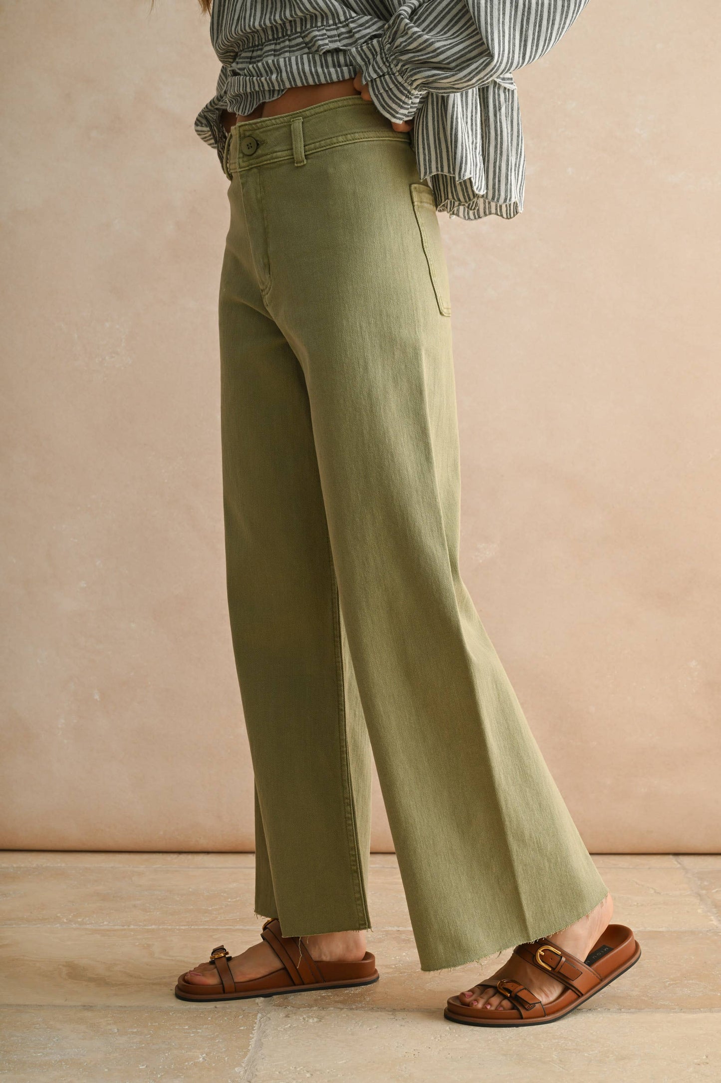 Olive- STRAIGHT WIDE LEG DENIM PANTS