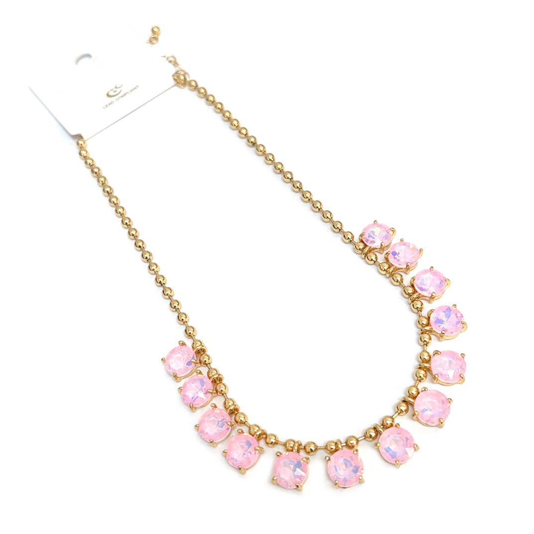 Pastel Pink - Crystal Glass Bead Dangle Station Ball Beaded Chain Necklace
