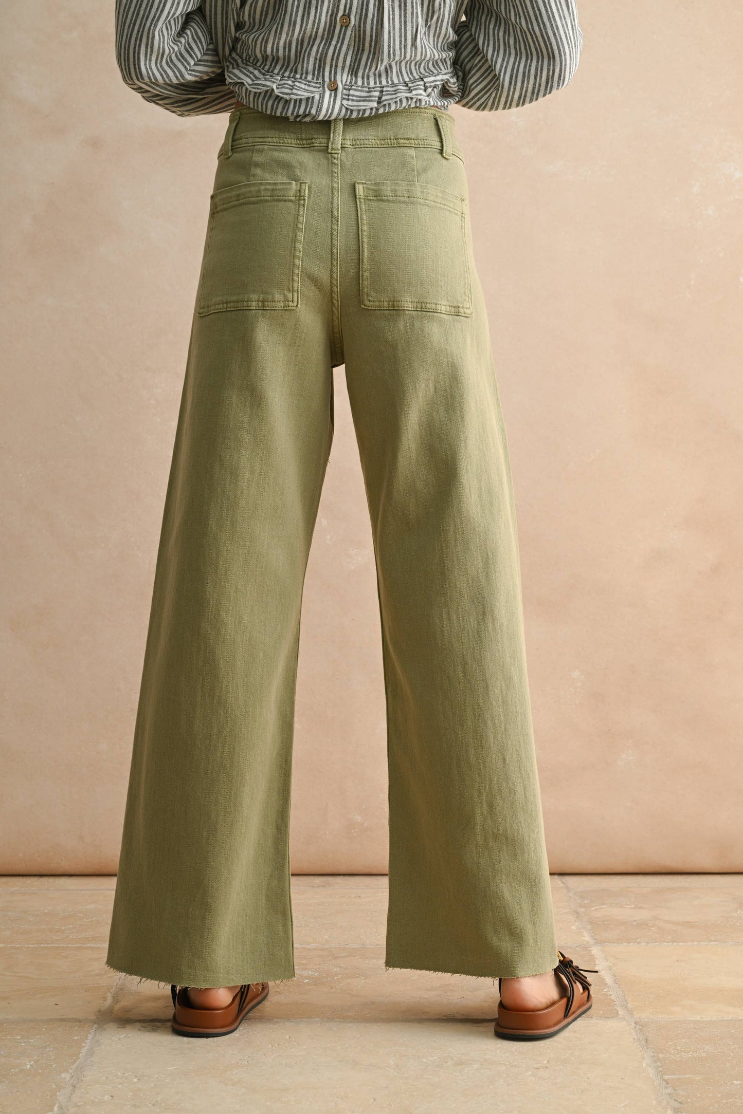 Olive- STRAIGHT WIDE LEG DENIM PANTS